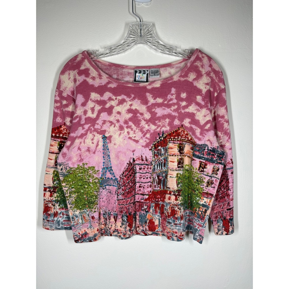 Vintage Y2K Take Two Paris Allover Graphic Top Medium Pink Sequin Eiffel Tower